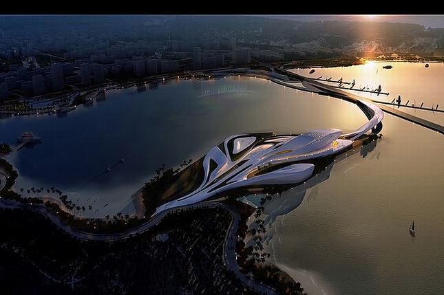 ドローン空撮による建築のCGイメージ | 湖の上に建つ幻想的な建築物